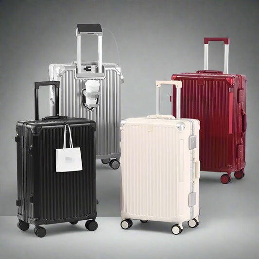 4 suitcases standing together, black, white silver and red