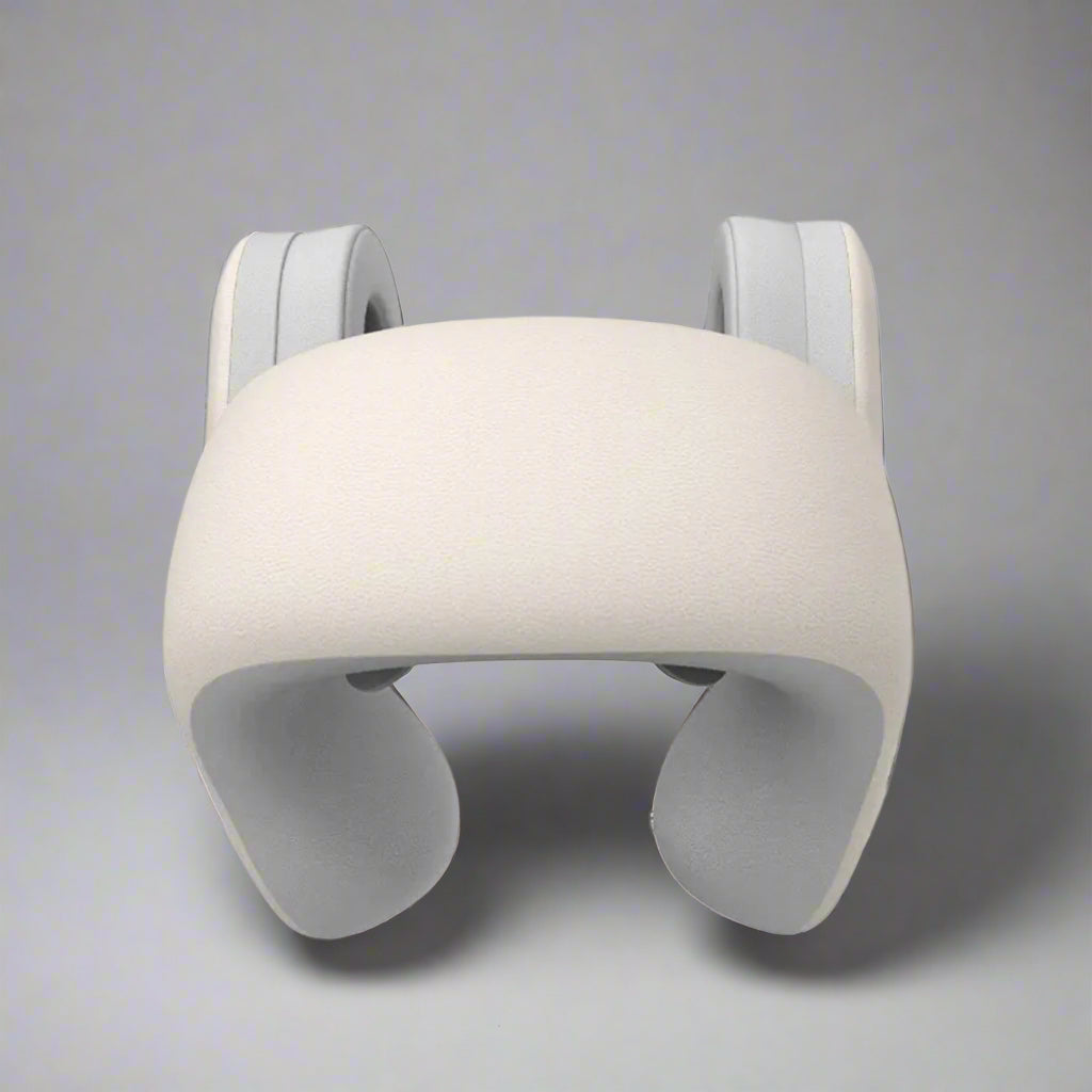 photo of the back of the premium smart travel pillow. shows its ergonomic design