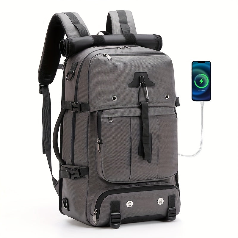 woman demonstrating the green back pack storage capacity and its features