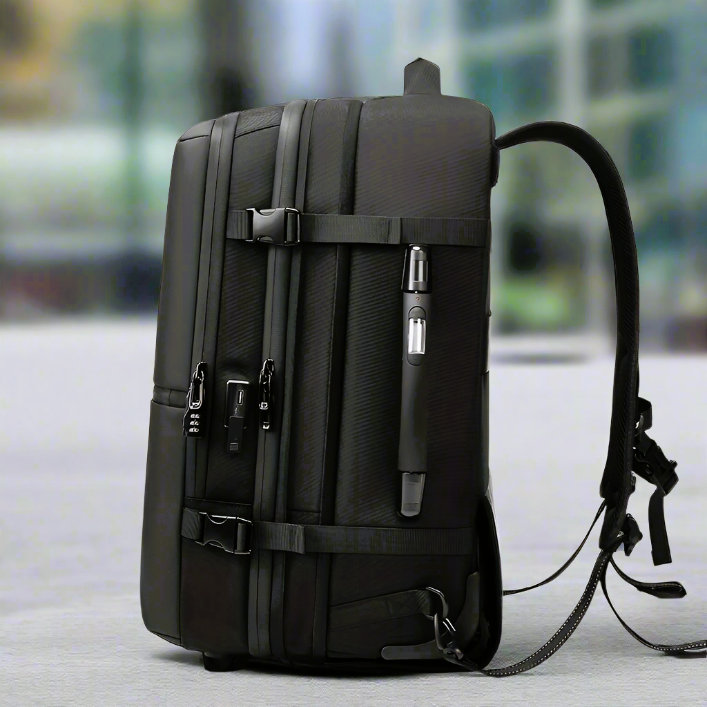 backpack side view showing digital scale handle