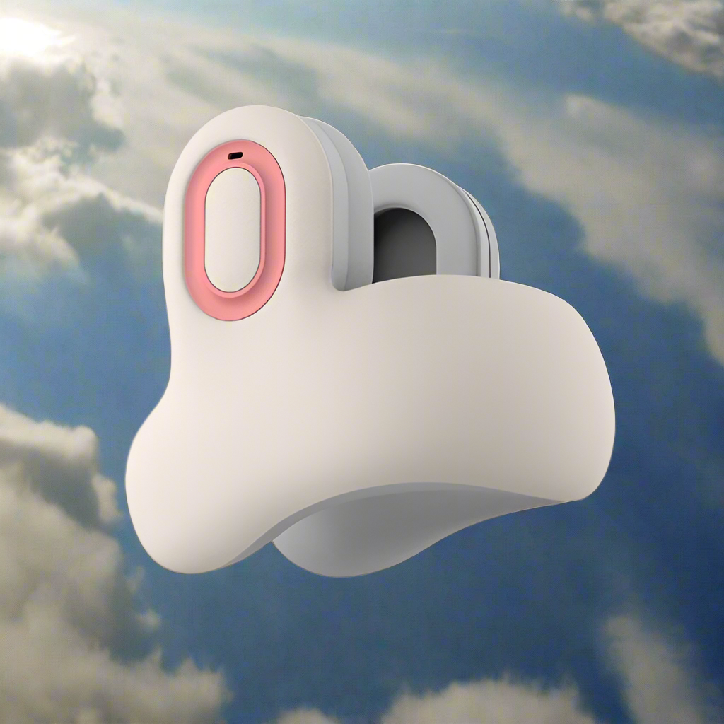 side angle picture of travel pillow with blue sky and clouds