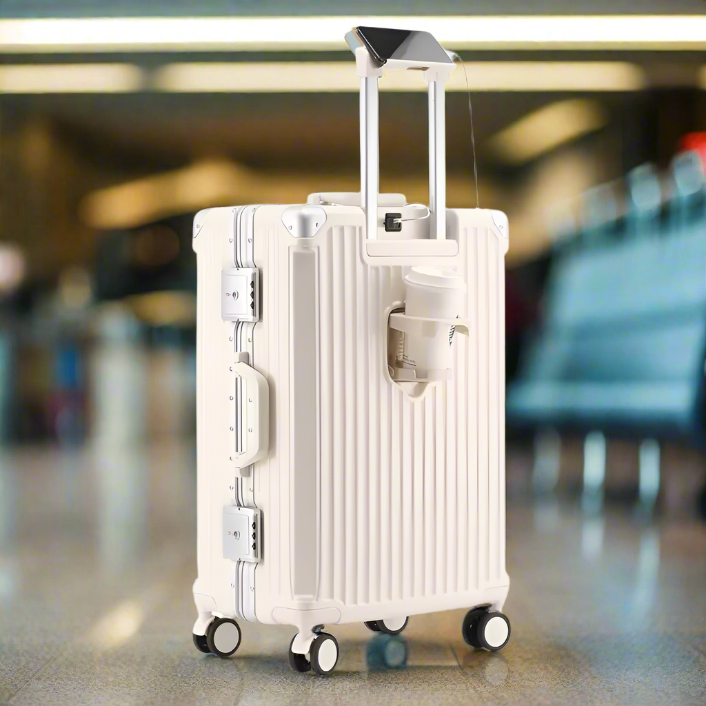 single white suitcase with cup in holder and cell phone plugged in charger port