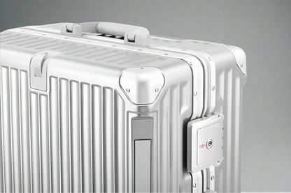 close up of TSA lock on silver luggage