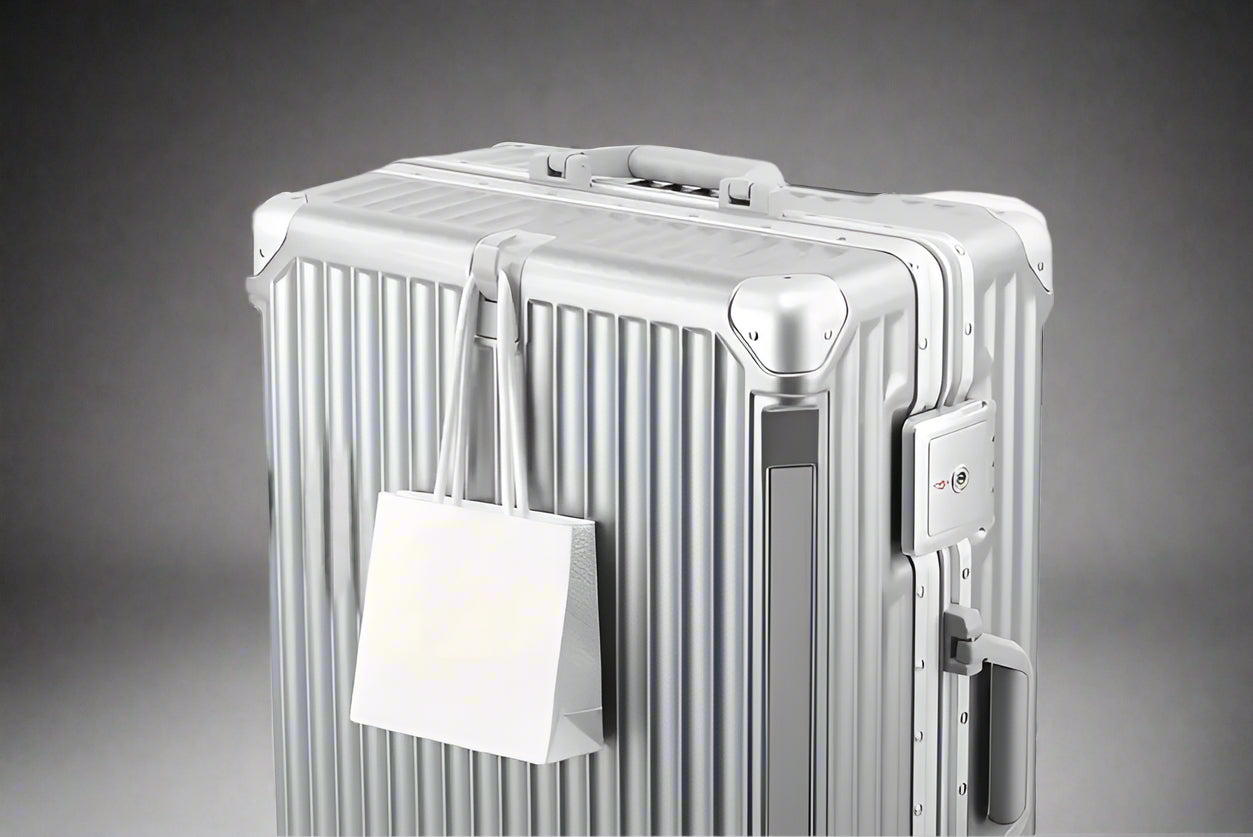silver luggage with bag on its hook