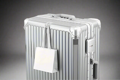 silver luggage with bag on its hook