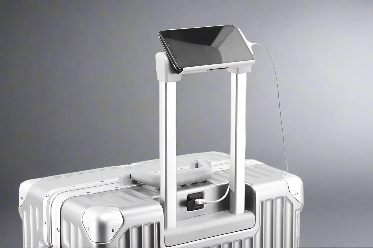 luggage showing USB charger and phone holder in se on the silver model